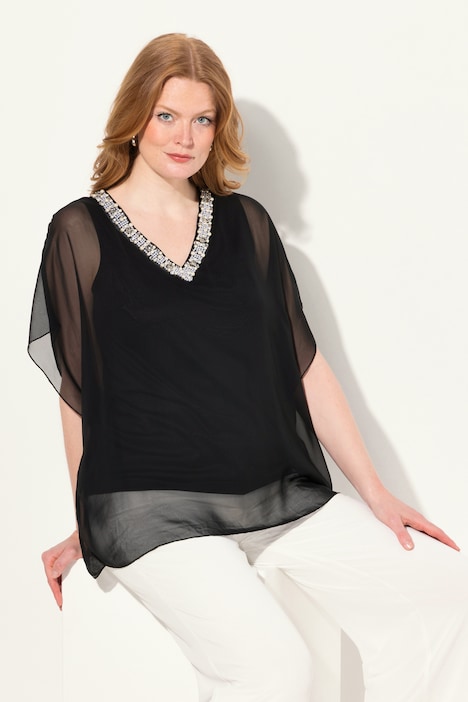 Chiffonbluse, doppellagig, V-Ausschnitt, Halbarm