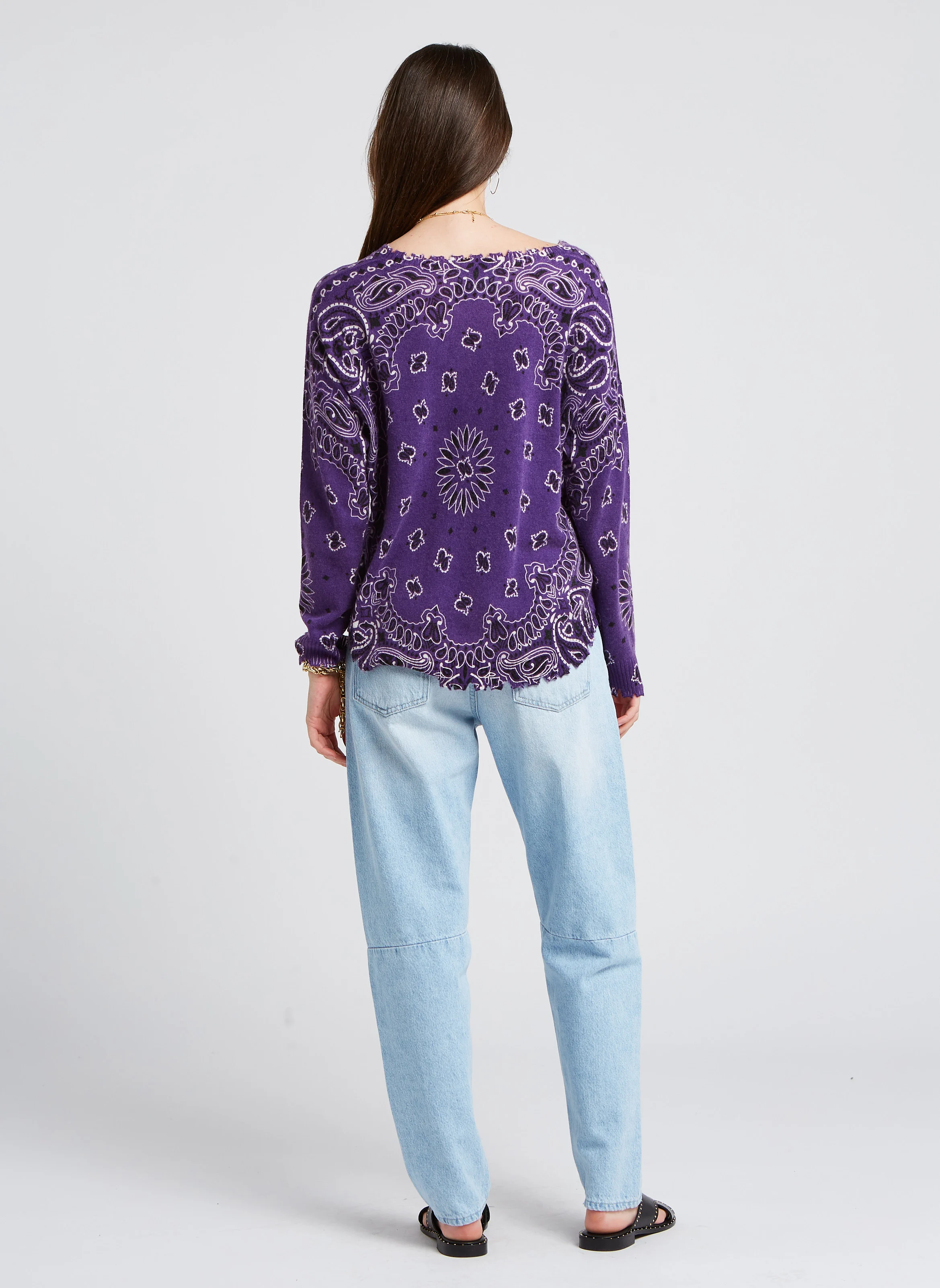 MELA BANDANA - Pull droit col bateau motif bandana en cachemire | Violet