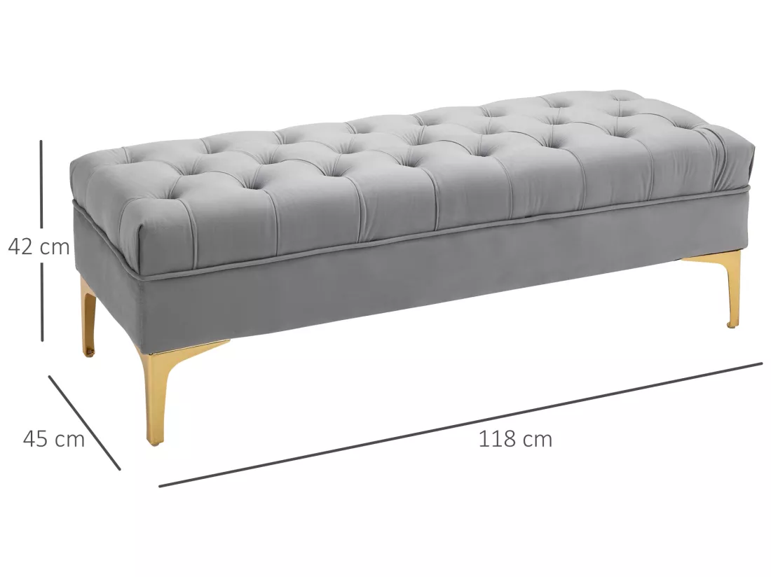 Banc banquette capitonnée style classique chic dim. 118L x 45l x 42H cm piètement métal doré velours gris clair