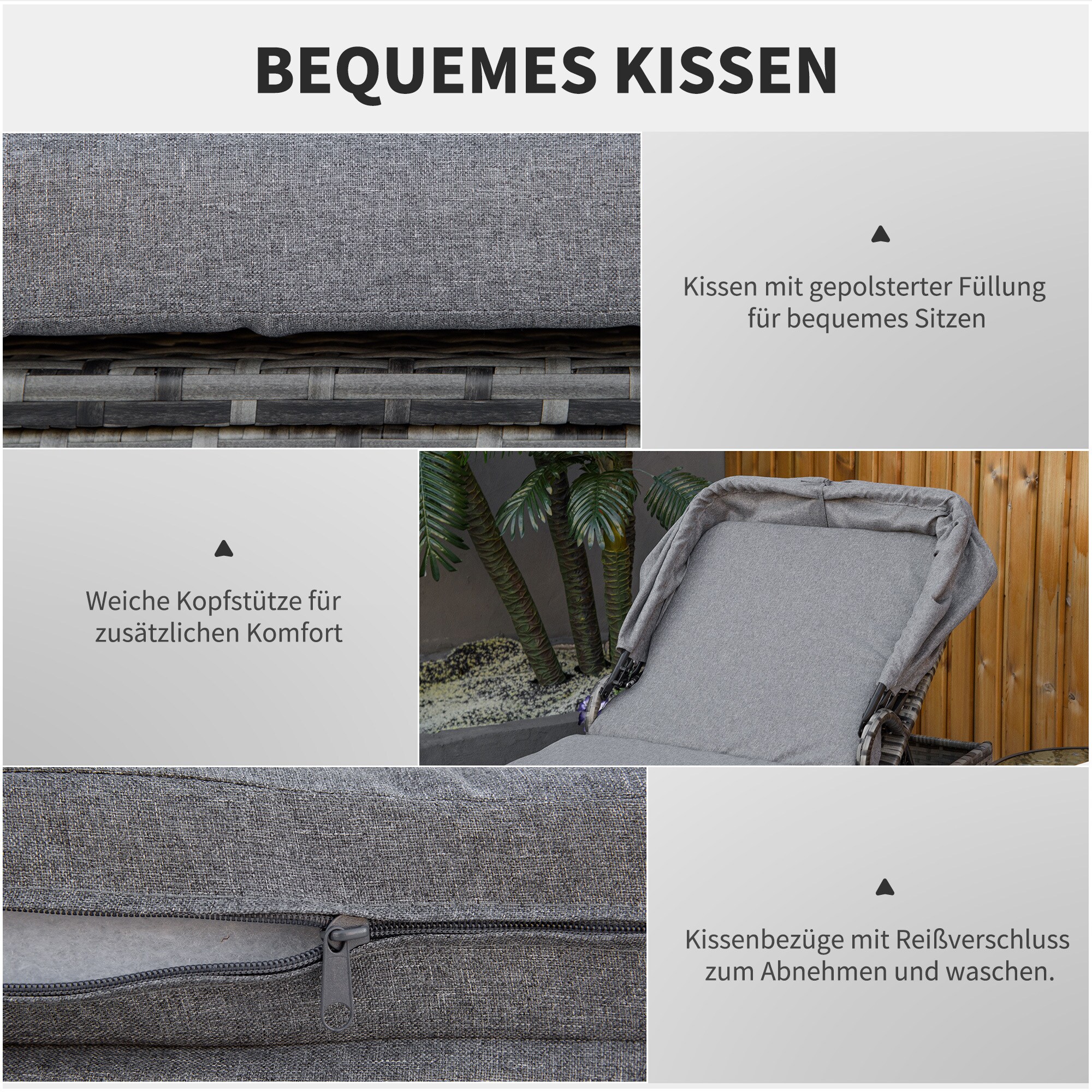 Outsunny Rattan Liege mit Sonnendach grau 195L x 65B x 40H cm
