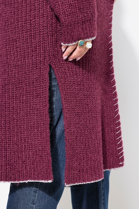 Strickjacke, extra lang, Ausschnitt mit Zierstich