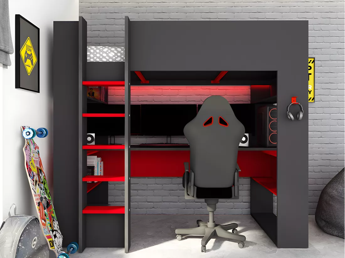 Lit mezzanine gamer NOAH avec bureau et rangements intégrés - 90 x 200 cm - Avec LEDs - Anthracite et rouge + matelas