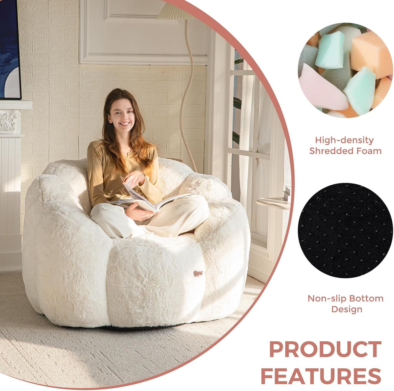 MAXYOYO Sitzsack Erwachsene, Floralförmige Bean Bag Sofa mit Memory-Foam Füllung, Weiches Kunstfell Sitzsack XXL für Wohnzimmer Schlafzimmer