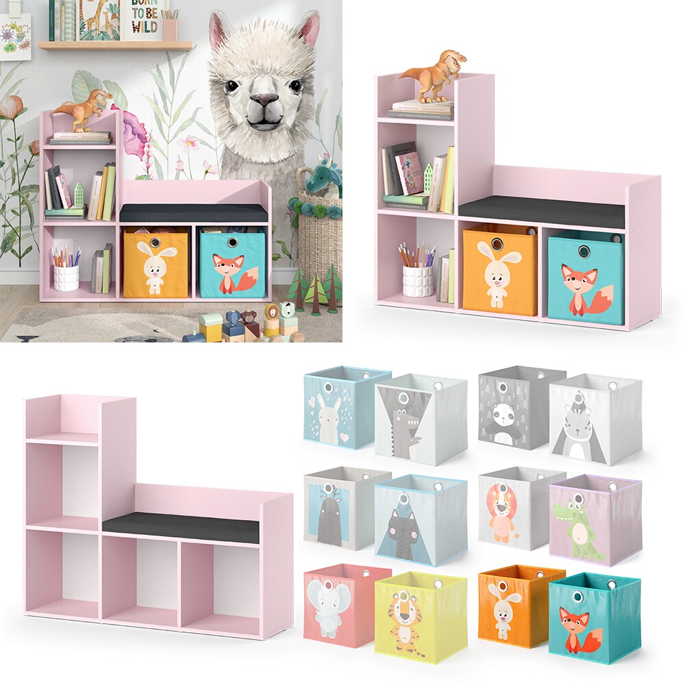 Vicco Regal mit Sitzbank Luigi 107 x 88 cm, Rosa, Kinderzimmer, mit 2 Faltboxen