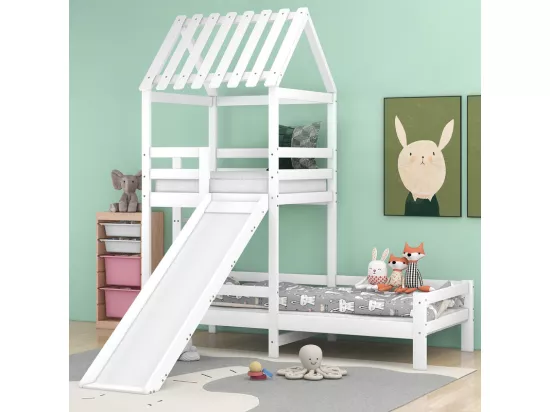 Lit superposé avec toboggan - 90x200cm + 90x100cm - en bois massif - Blanc
