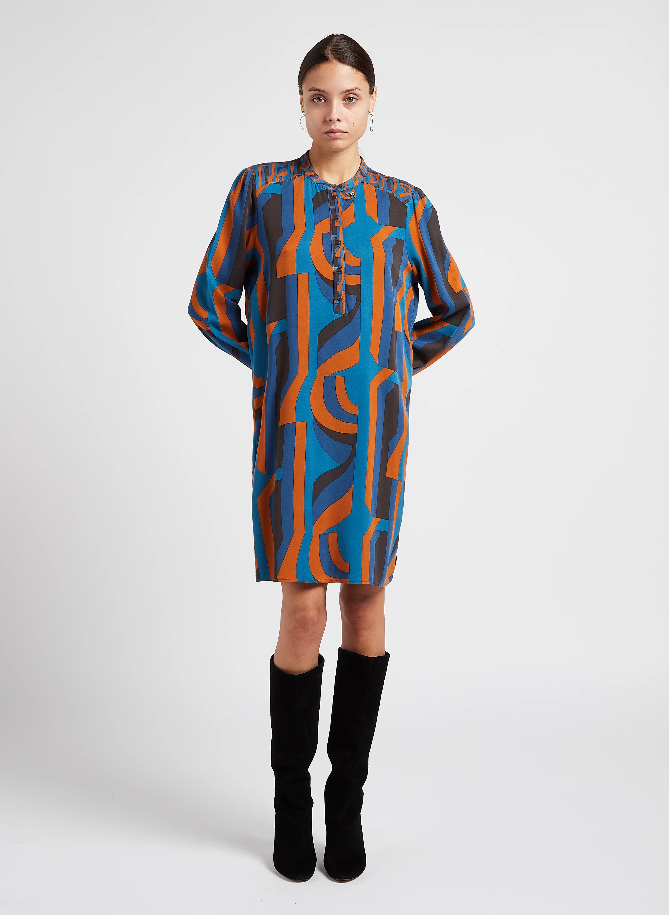 BLAIR RINA - Robe courte droite col rond imprimé | Bleu
