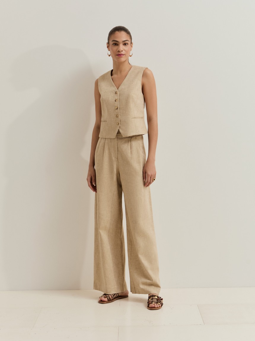Calça wide leg em linho e algodão