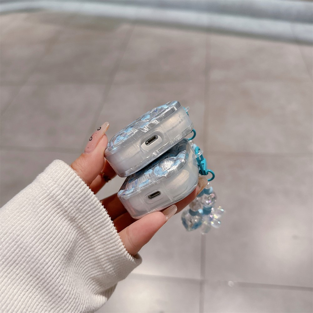 AirPods (3. Generation) Gummi Case Schutzhülle mit Handschlaufe Blumen Design - Blau / Transparent