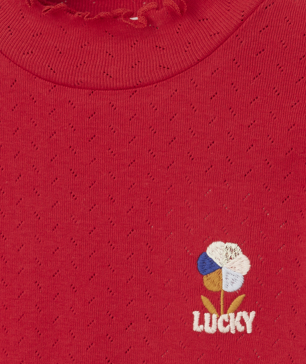 SOUS PULL COL MONTANT VOLANTÉ ROUGE FILLE EN COTON BIO