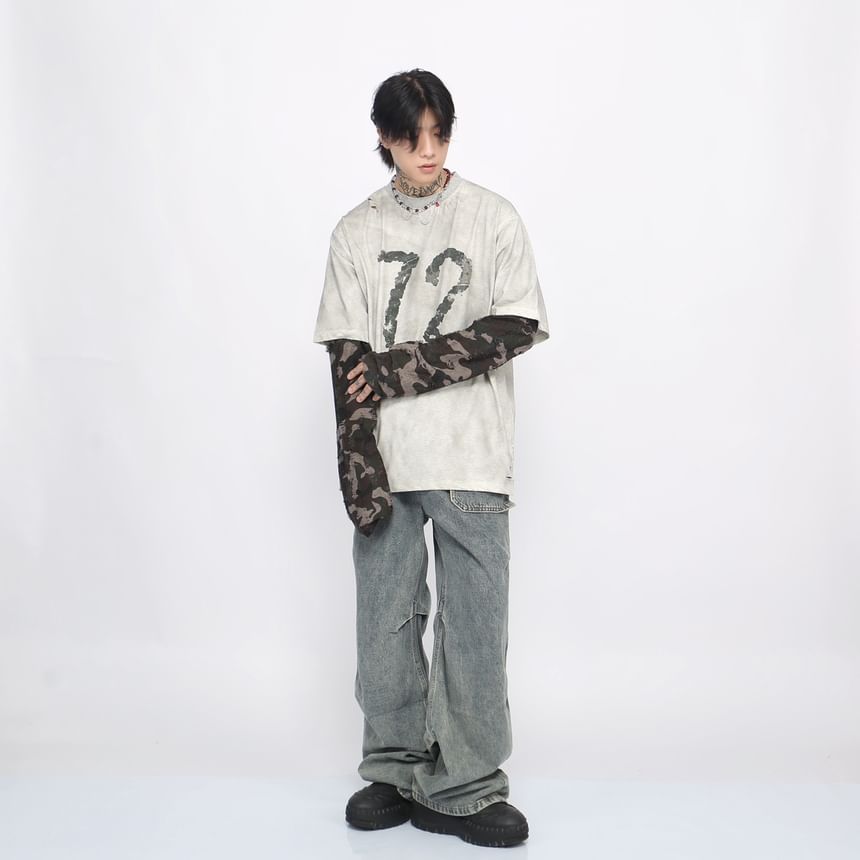 Derbundy - Versleten T-shirt met lange mouwen, ronde hals en nummerprint, oversized
