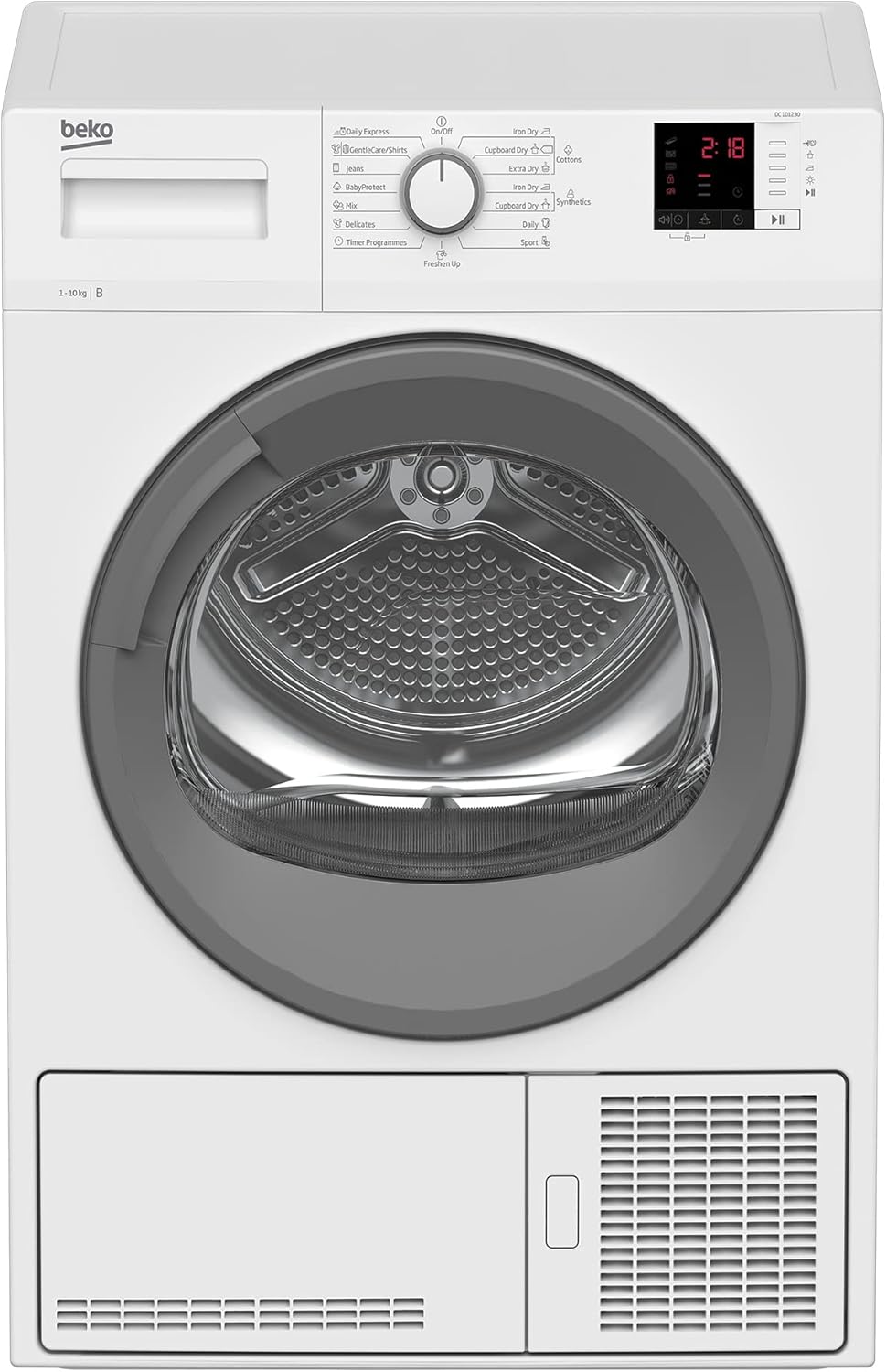 Beko DC 101230 Kondenstrockner, 10 kg, schonende Trommelbewegung, 15 Programme, Multifunktionsdisplay, Sensortrocknung, Knitterschutz, Restzeitanzeige, Kindersicherung, Weiß