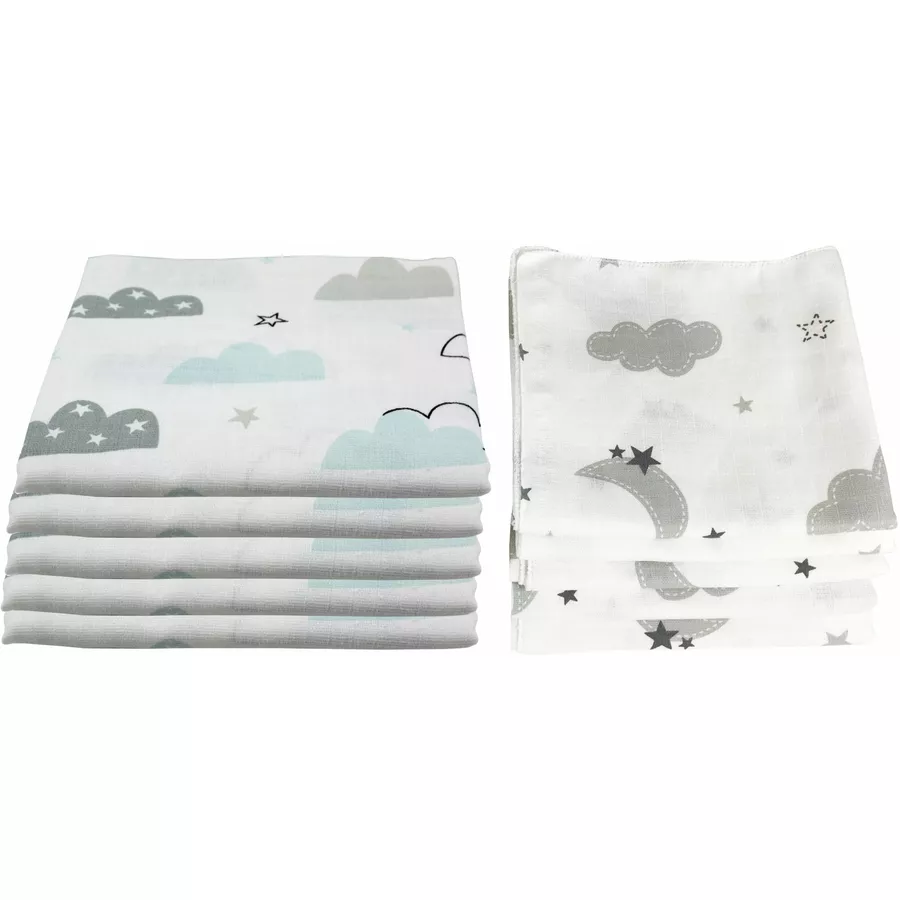 M.M.C. Mullwindel 10 PACK Spucktücher 80x70 cm Mulltücher Wolken (5 Grau, 5 Mint)