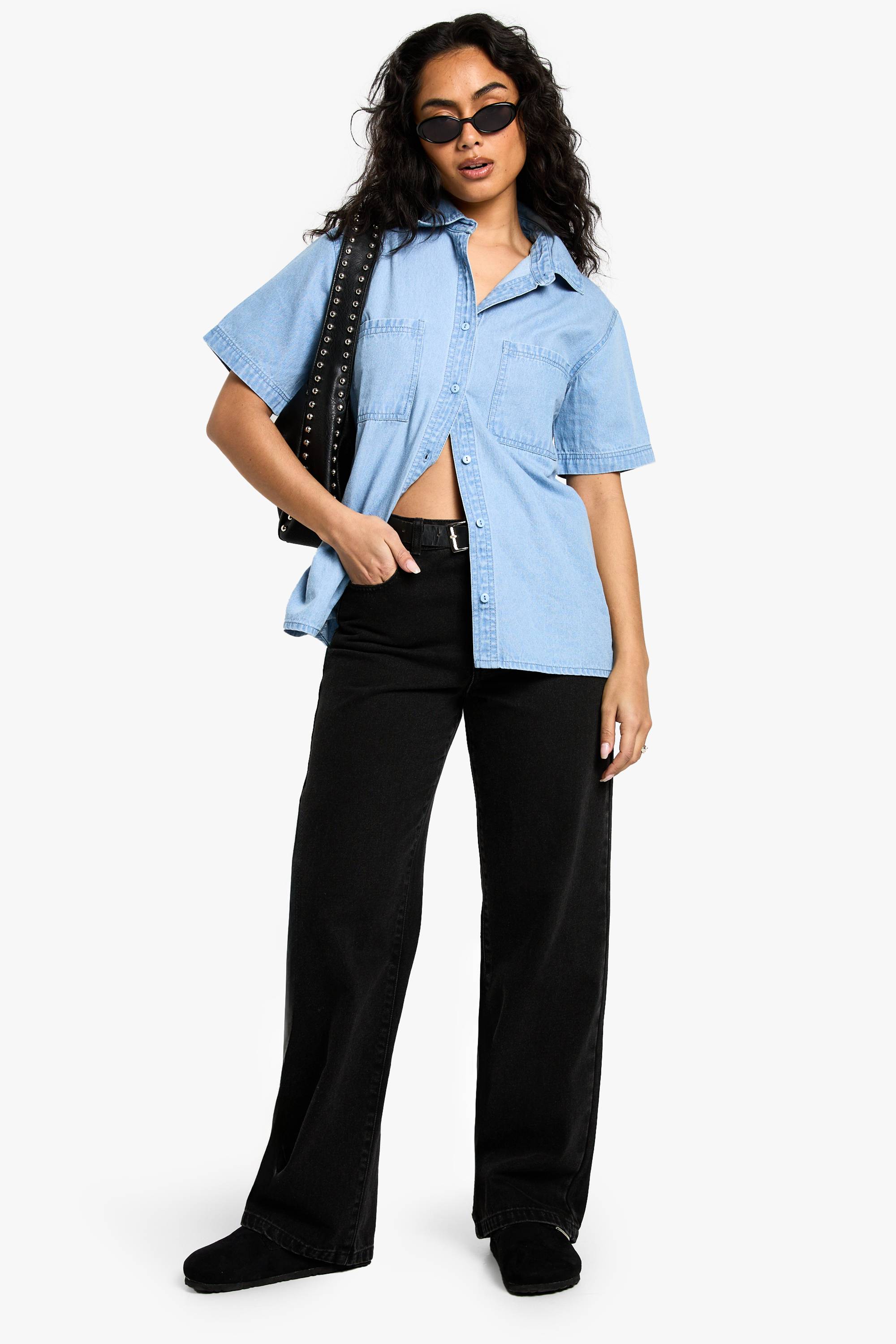 boohoo Chemise à manches courtes en chambray denim