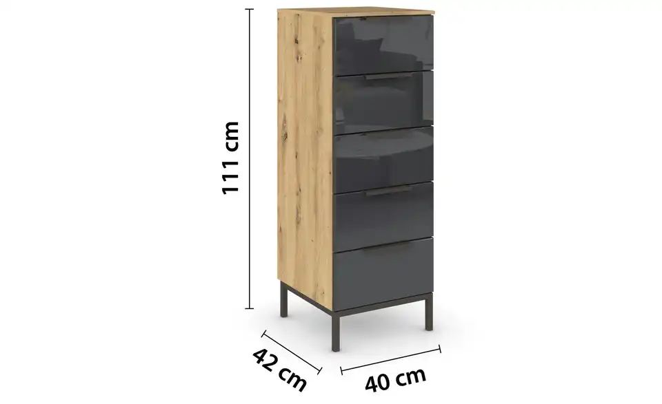 Kommode Basaltgrau, Eiche Artisan (Nachbildung) Front: Glas, Oberboden: Dekor 40 cm Graphit