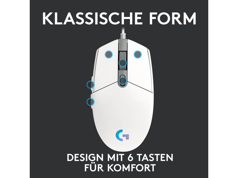 Logitech Gaming-Maus G203 Lightsync Weiss Reaktionsschnelle und leichte USB-Gamingmaus