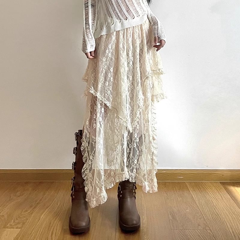 WIKPROM - Hoge taille asymmetrische geplooide midi A-lijn kanten rok