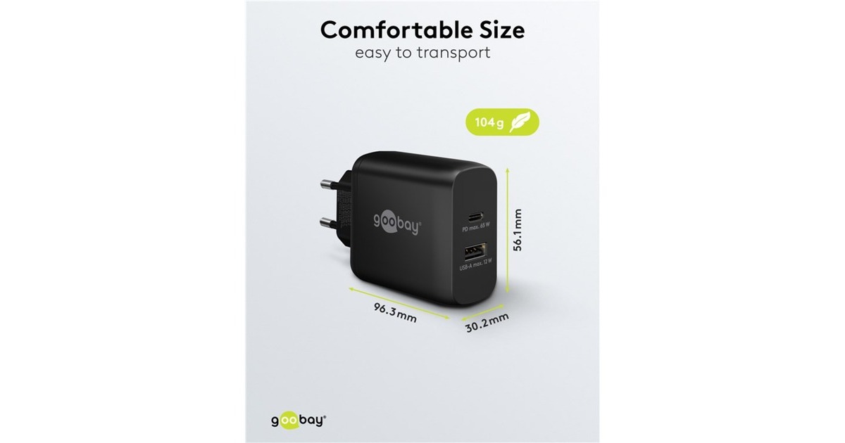 goobayUSB-C PD GaN Dual snellader (65 W)  (Zwart, 1x USB-C, 1x USB-A, Power Delivery)