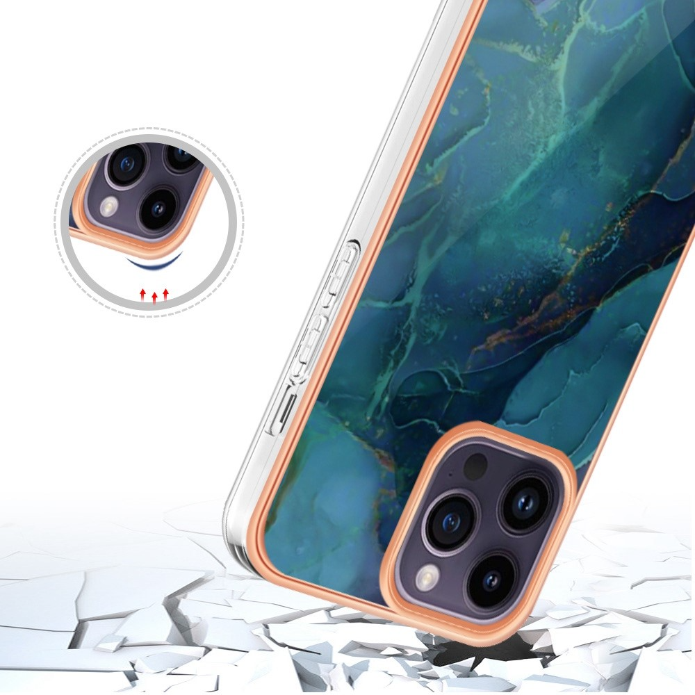iPhone 14 Pro Gummi Case Hülle Galvanisierter Rahmen Marble Marmor Design - Blau / Roségold