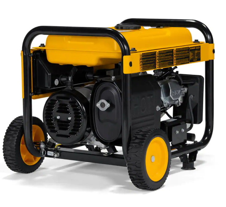 Gerador portátil a gasolina DEWALT de 8000 watts com partida elétrica, controle de marcha lenta, tomadas GFCI e proteção contra monóxido de carbono.