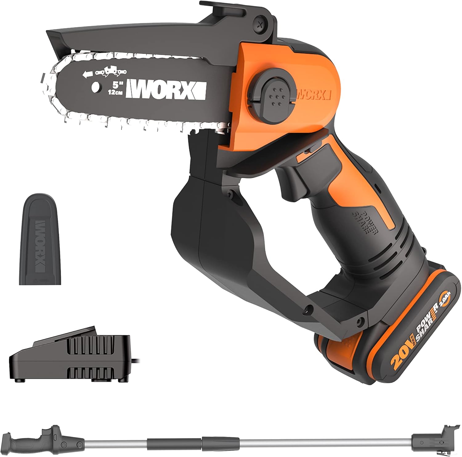 WORX Akku Mini Kettensäge 18V(MAX 20V) WG324E.1, PowerShare, 12 cm Führungsschiene, vibrationsarm, leicht und tragbar, Verlängerungsstange, 1 Akku und 1 Ladegerät im Lieferumfang enthalten