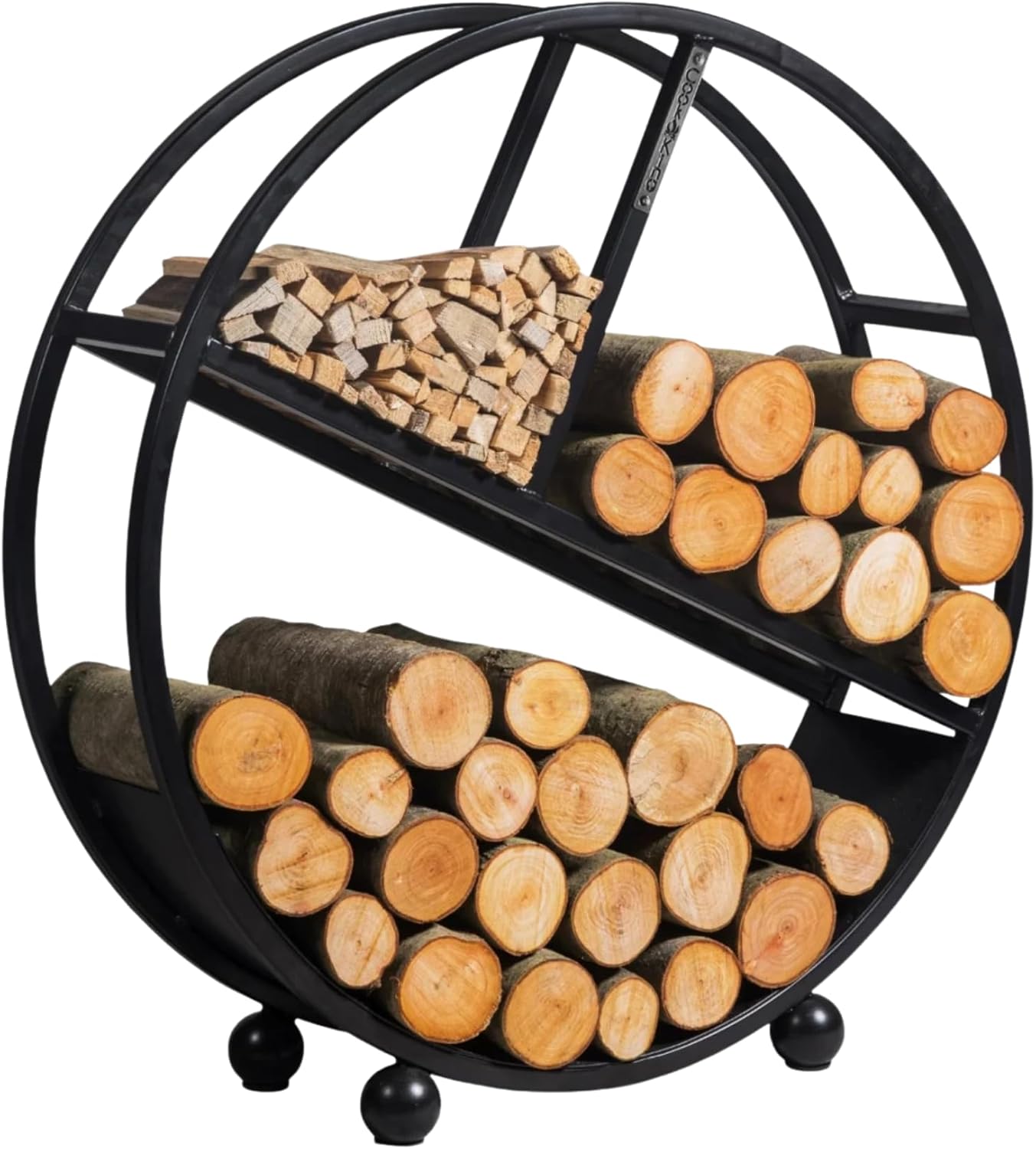 MR. DEKO BENE ON FIRE Kaminholzregal rund Kalifornien 80 cm | rundes Brennholzregal Metall schwarz | Holzlager dekorativ für Kamin Wohnzimmer | Feuerholzregal Garten Terrassen | Kaminholzunterstand