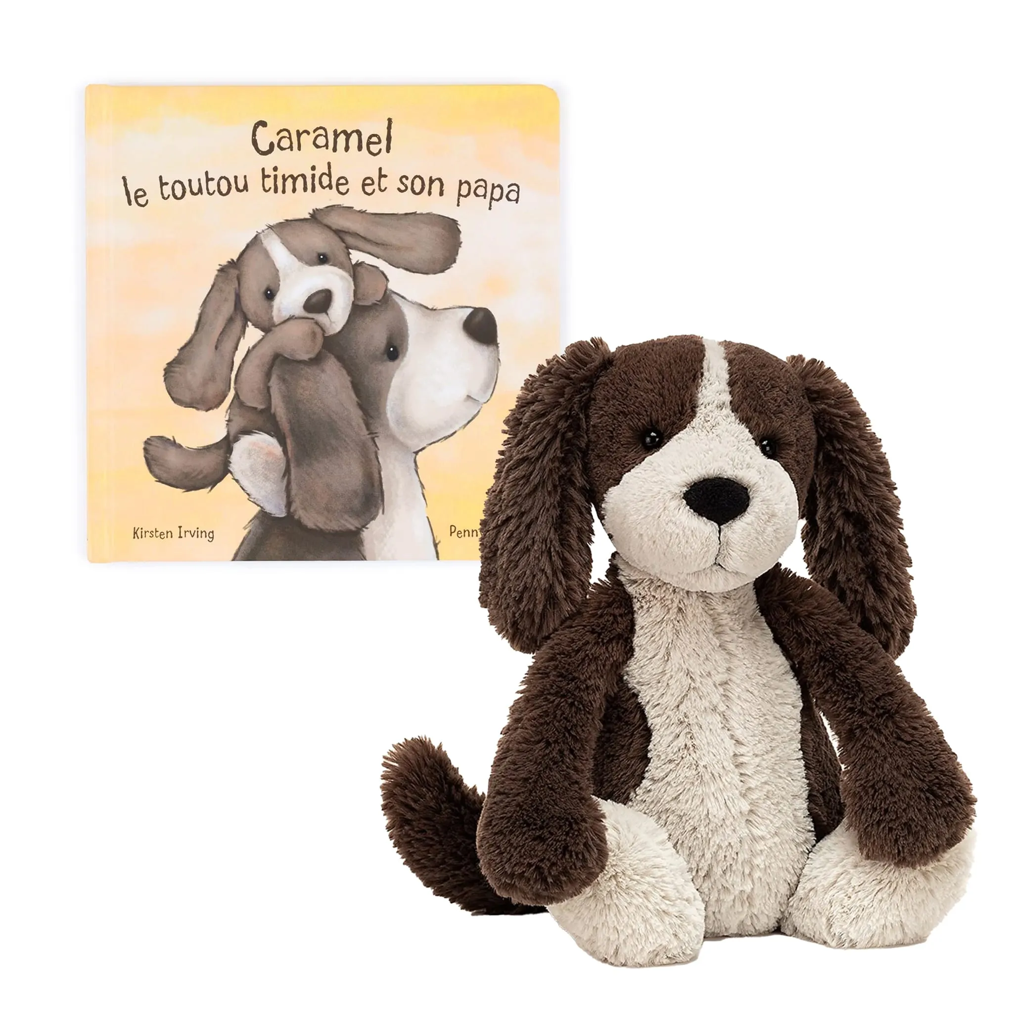 Jellycat Chien Bashful Fudge + Livre Caramel Le Toutou Timide Et Son Papa (Version Française)