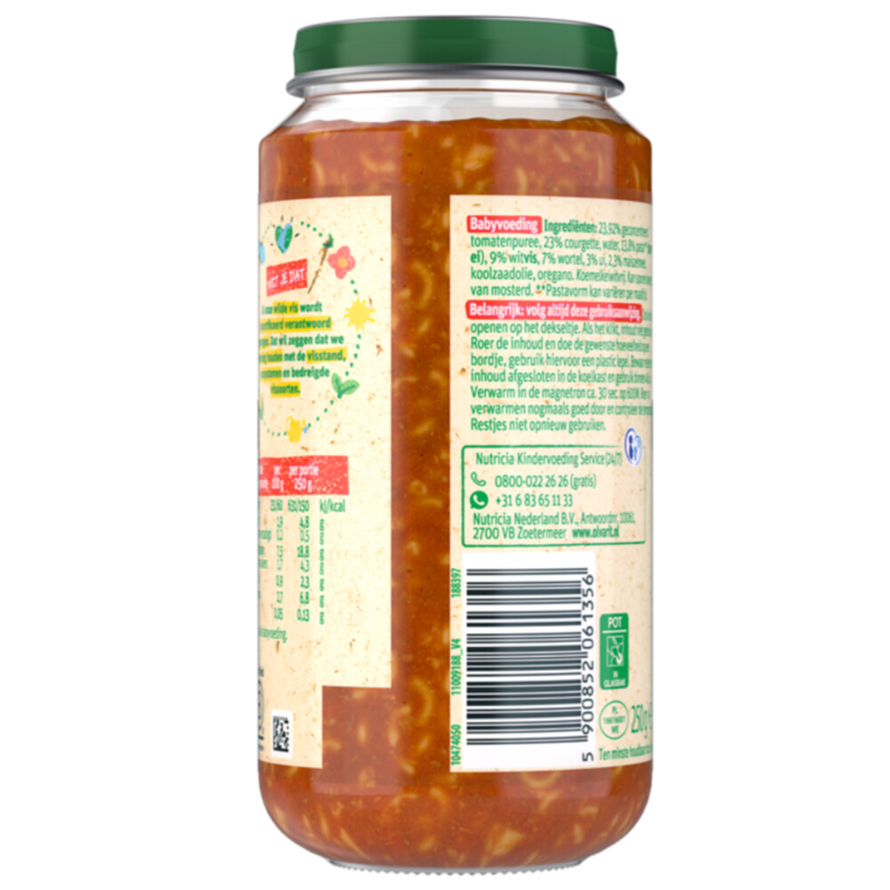 6x Olvarit Maaltijd 12+m Tomaat Witvis Pasta250 gr