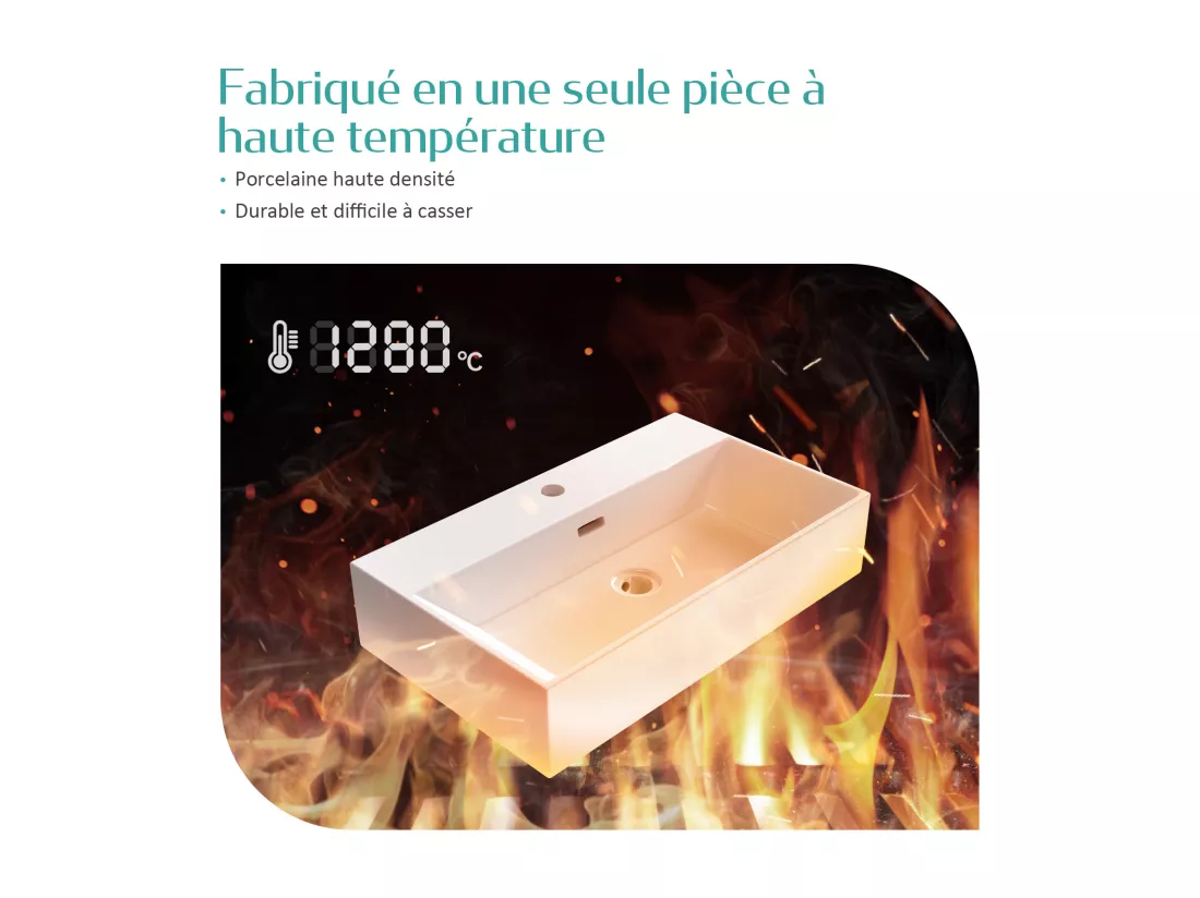EMKE Vasque à Poser en céramique 51,5×36,5×13cm, Lavabo rectangulaire avec robinet trou prépercé, Lavabo à poser blanc brillant
