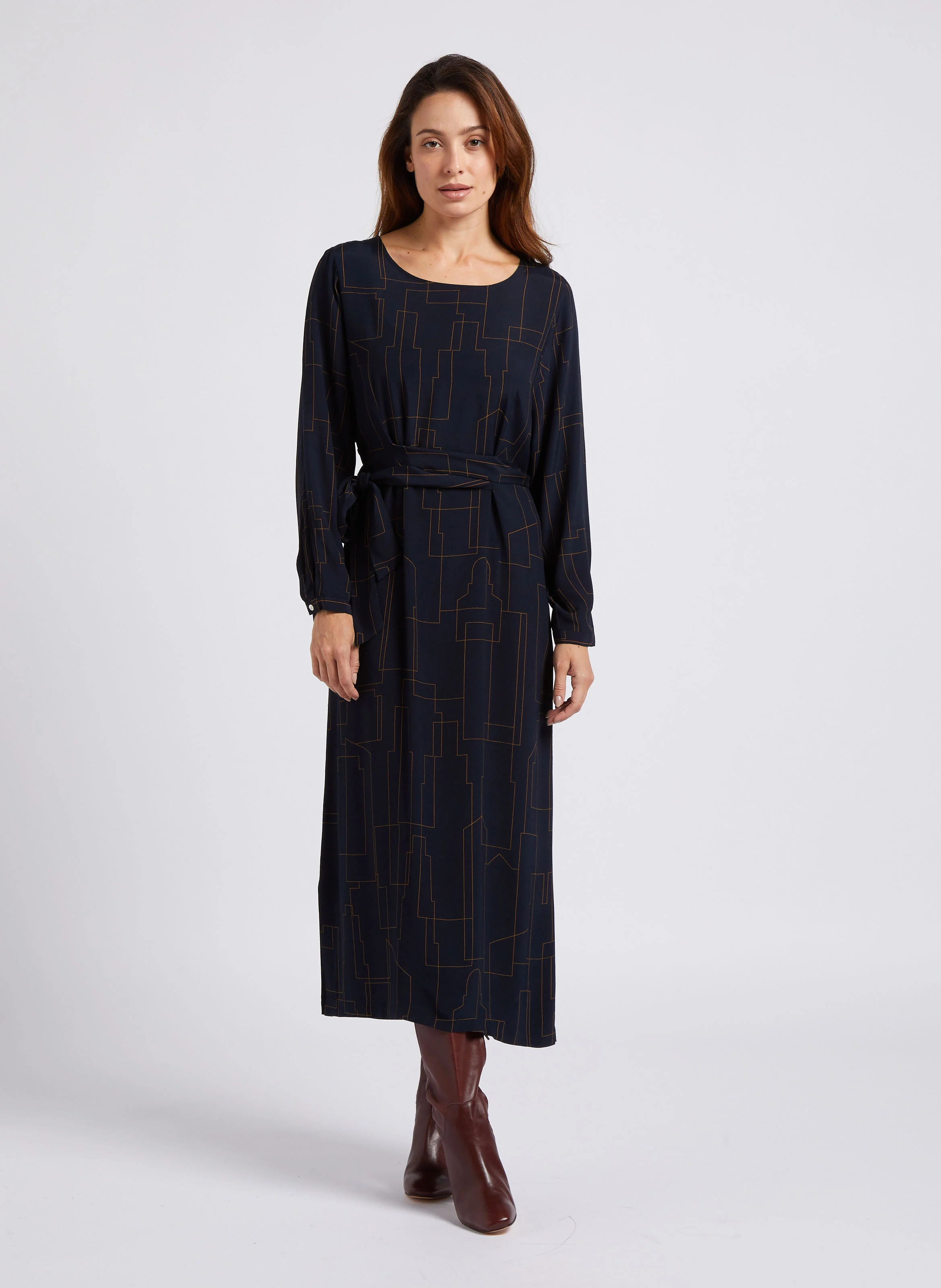 Robe midi col bateau imprimée| Bleu