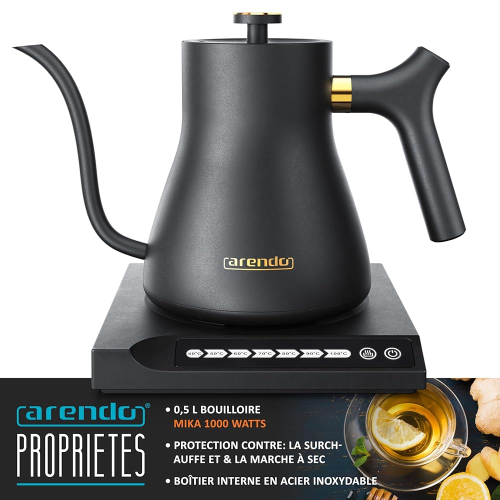 Arendo - Bouilloire éléctrique MIKA 0,5 litre - Station de base 360° - Sélection de 7 températures, de 40 à 100 degrés - Acier inoxydable - Protection contre la surchauffe - Sans BPA - Design japonais : Cuisine et Maison