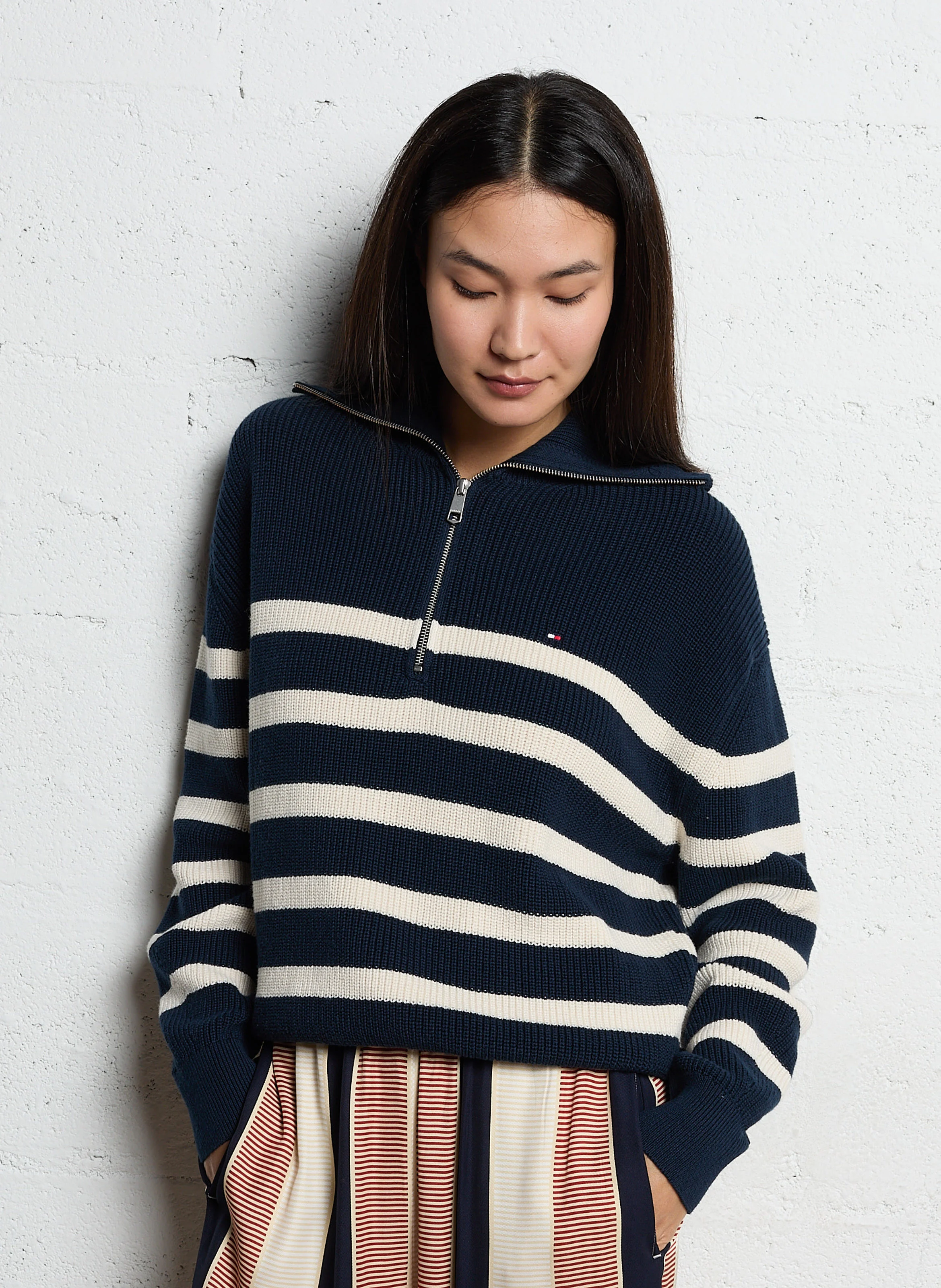 Pull col zippé en coton bio mélangé | Bleu