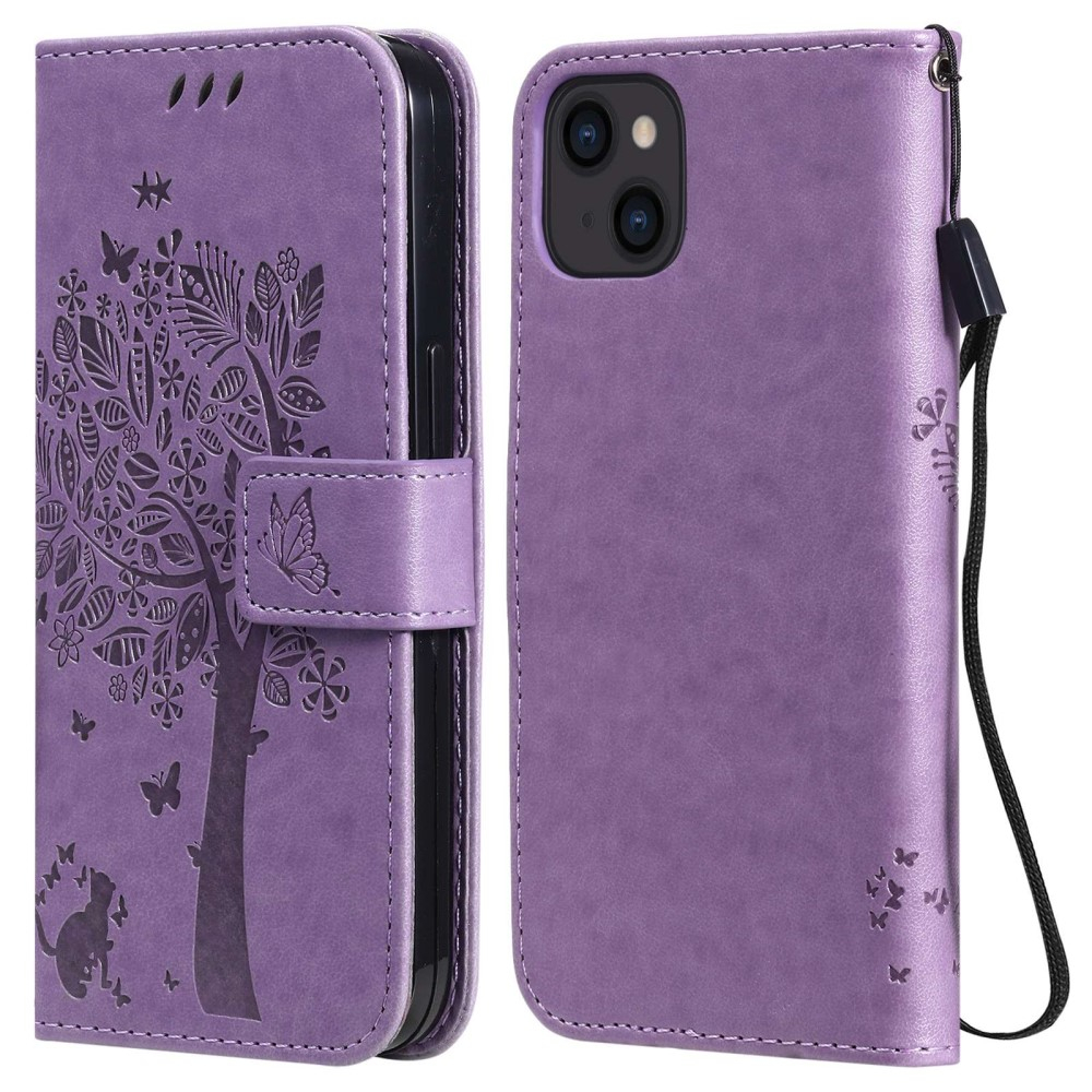 iPhone 14 Leder Tasche Flip Cover Baum Imprint - Lila