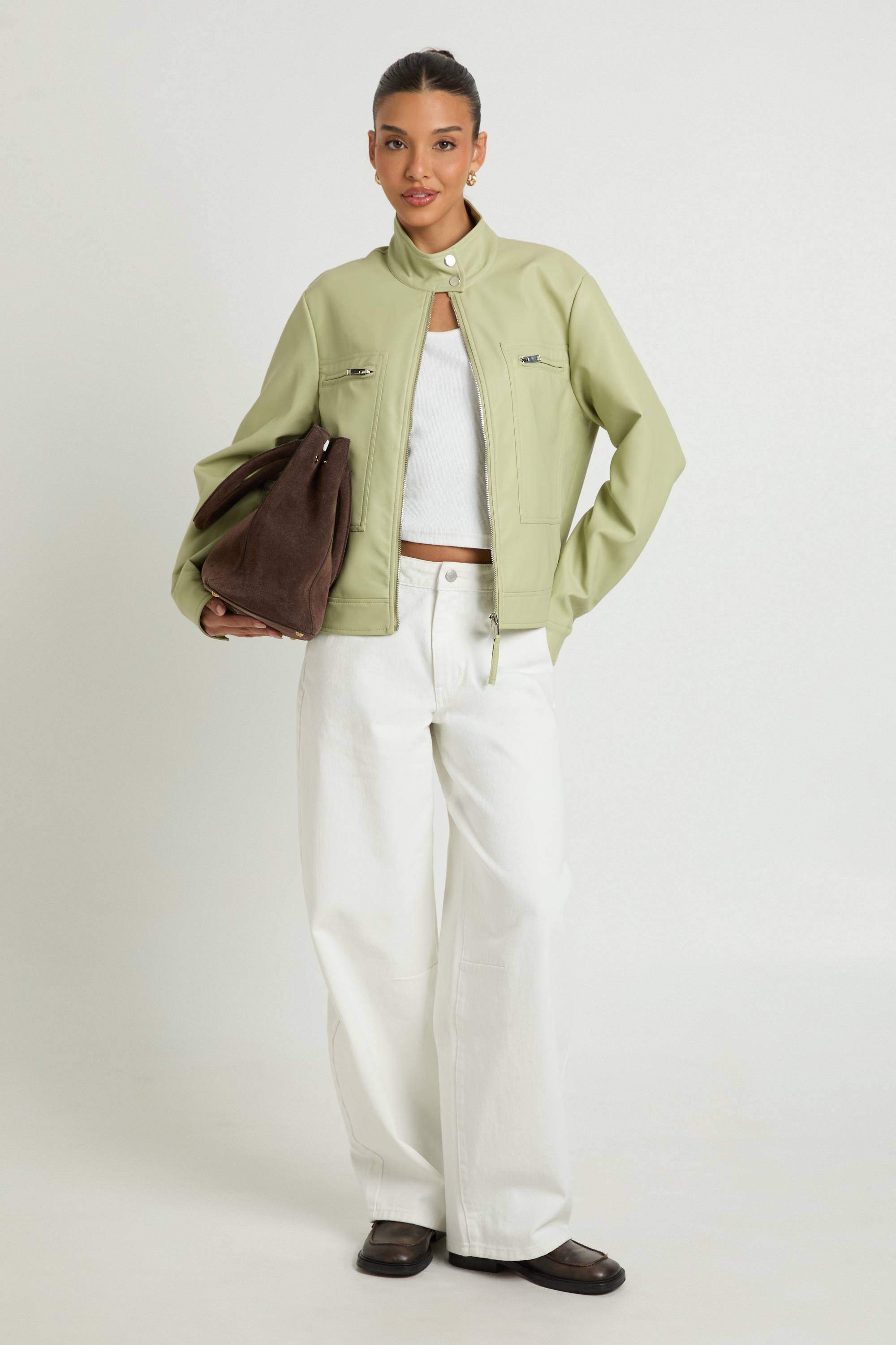 boohoo Veste En Synthétiquecuir Avec Col Boutonné Et Poches Zippées