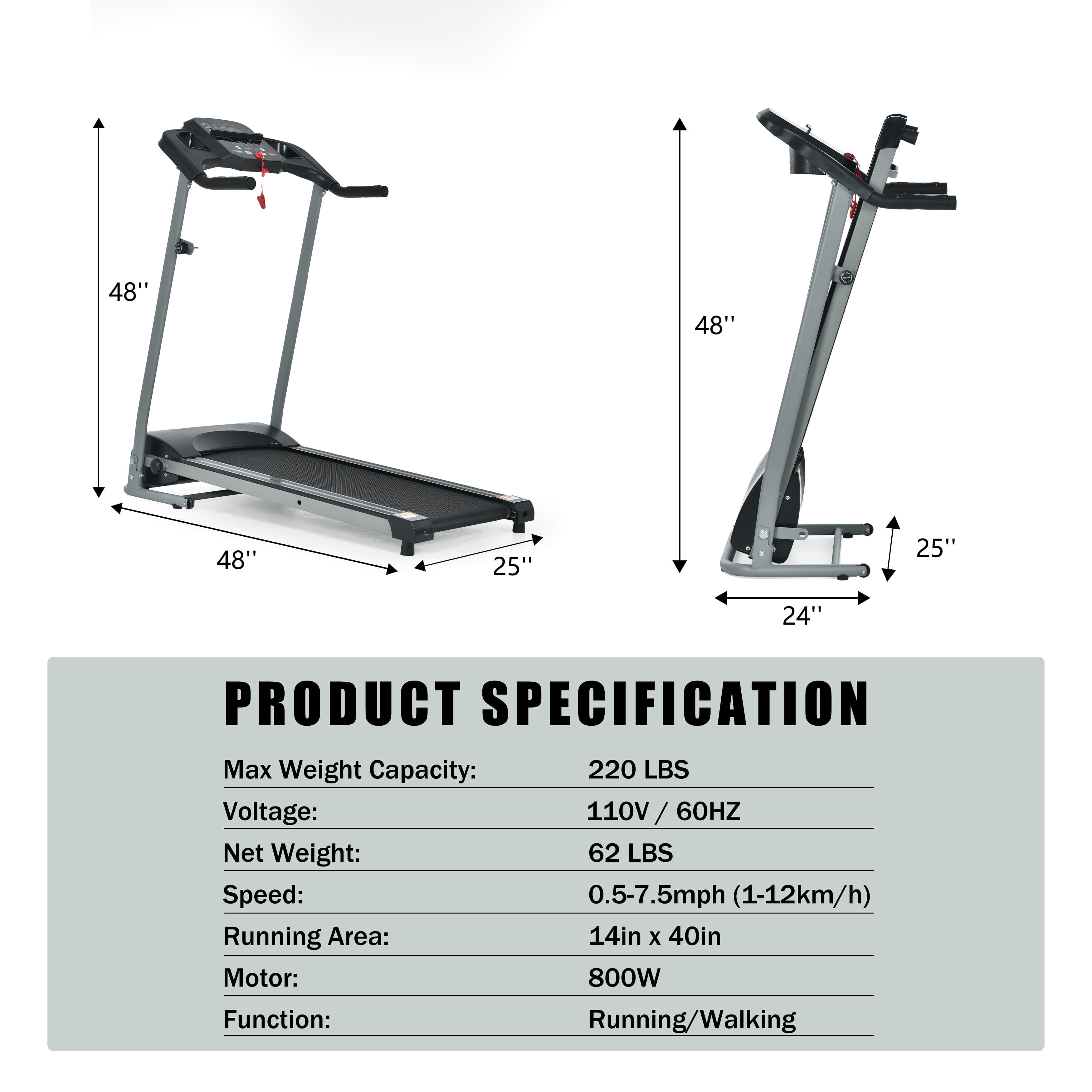 Esteira dobrável elétrica motorizada de 800 W - 122 cm (C) x 63,5 cm (L) x 122 cm (A)