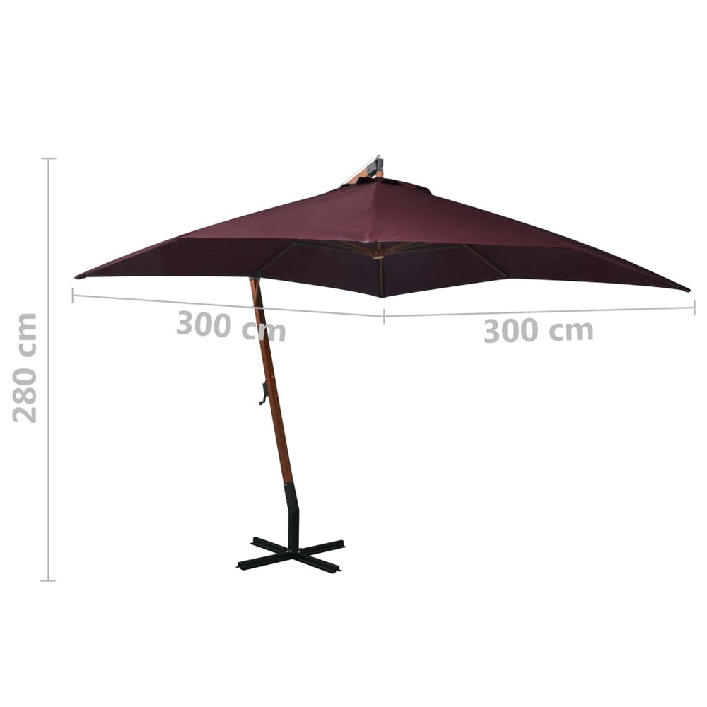 Parasol suspendu avec mât rouge 3 x 3 m bois de sapin bordeaux