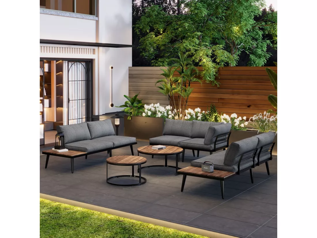Salon de jardin 5 à 6 personnes, avec cadre en fer galvanisé et bois Acacia, canapé modulable + tables gigognes