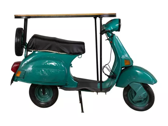 Barre porte-bouteilles moto vespa en métal et bois bleu 185x66x115h