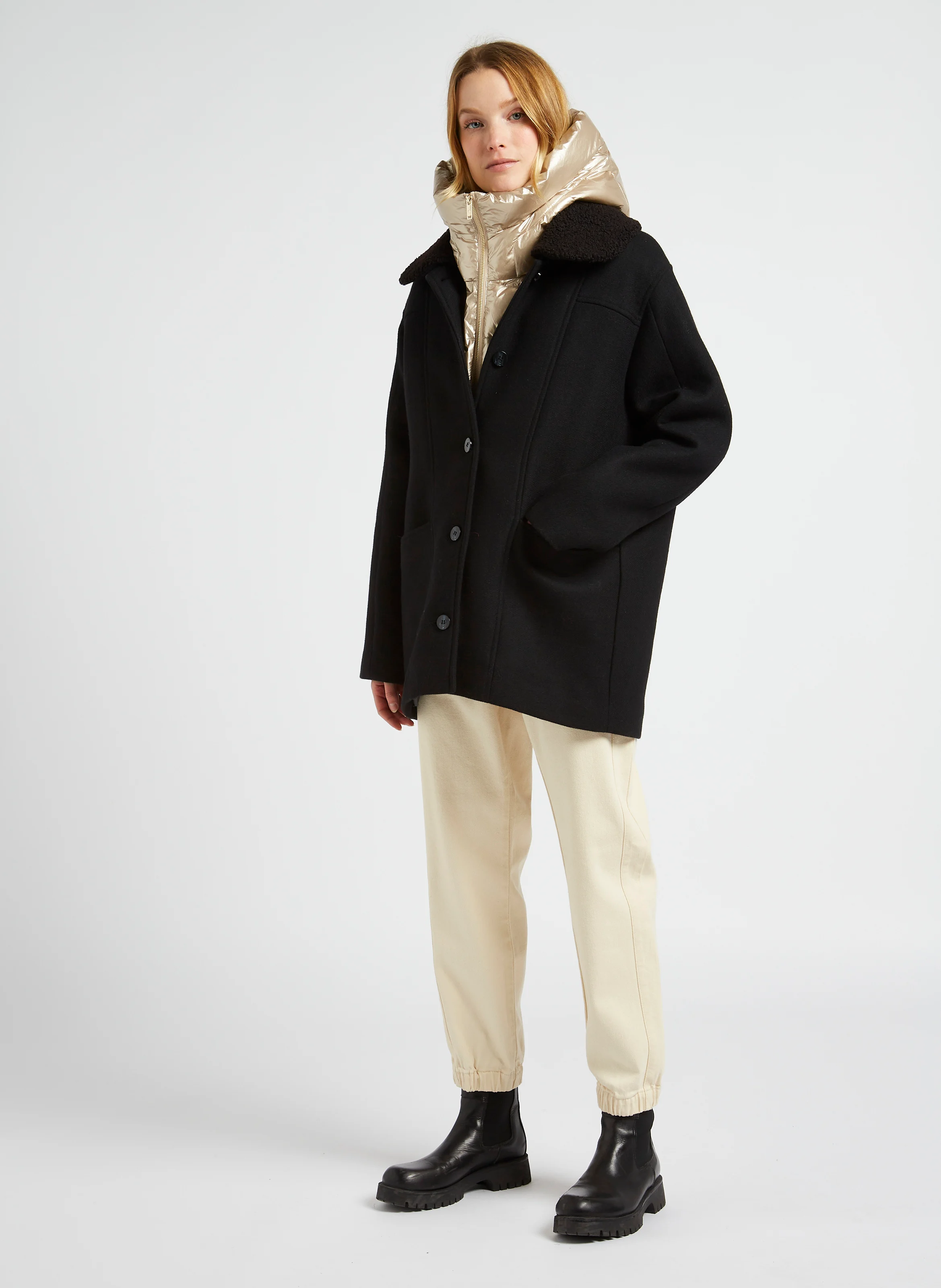 DORA - Manteau ample col classique en laine mélangée | Noir