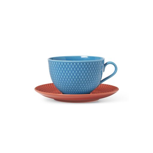 Lyngby Porcelæn Rhombe Tekop Med Underkop, Blå/Terrakotta, 39 cl