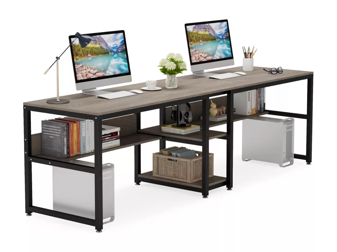 Bureau double pour 2 personnes avec bibliothèque, bureau d'ordinateur double pour deux personnes (gris)