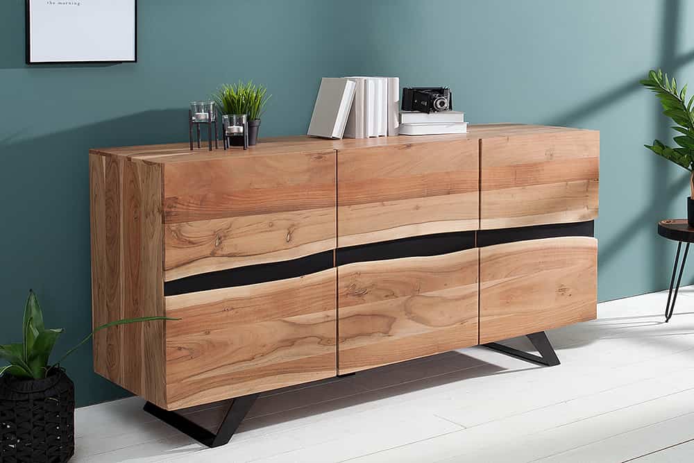 Massivholz Sideboard AMAZONAS 150cm Akazie natur Metall schwarz Baumkante