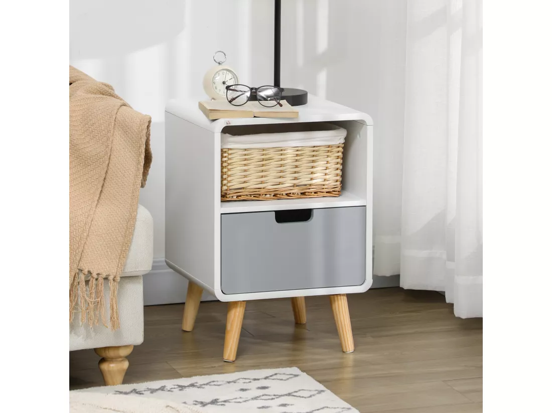 Chevet table de nuit design scandinave 40L x 38l x 58H cm tiroir + niche bois massif pin MDF blanc bleu gris