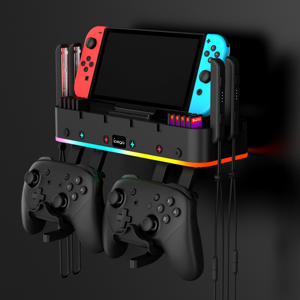 (4-fach) Wandhalterung Ladestation Charging Dock für Nintendo Switch / OLED Joy-Con und Pro Controller mit RGB Beleuchtung - Schwarz