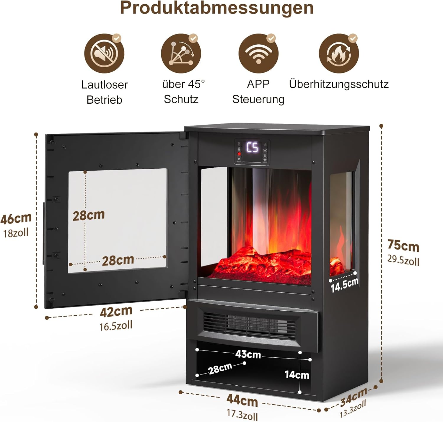 INMOZATA Elektrokamin mit Heizung Panorama-Sichtfenster Elektrischer Kamin mit 8 LED Flammeneffekt und Ember Bett Effekt, WiFi APP 900/1800W Kaminfeuer Elektrisch mit 45° Kippschutz & Thermostat