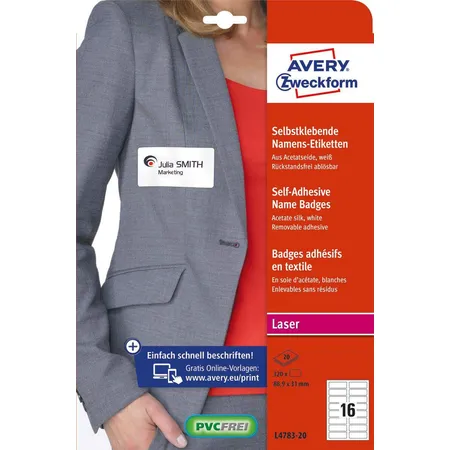 Avery Zweckform L4783-20 Namensetiketten, 88,9 x 31 mm, 120 g/m², 20 Bogen/320 Etiketten, weiß