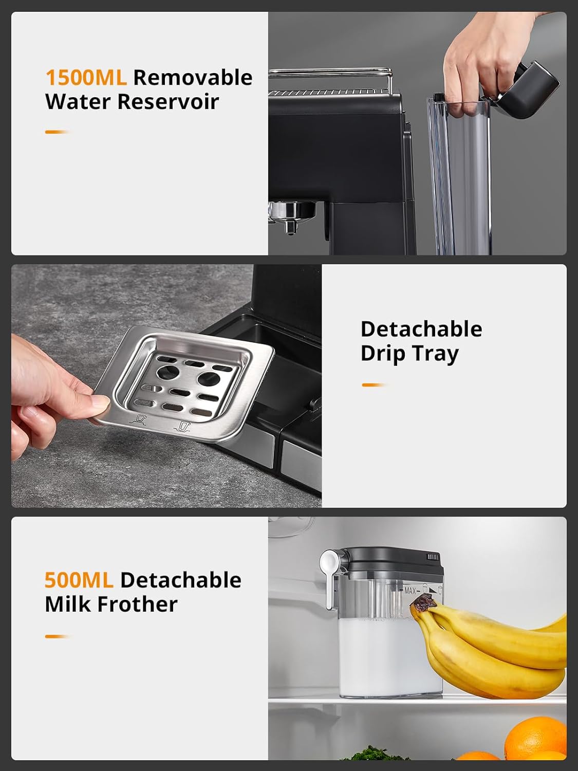 Yabano Espressomaschine Siebträgermaschine 20 Bar mit 500ML Automatischer Milchaufschäumer, 6 Getränke, Modernes Farb-Touchscreen-Display, 1.5L Wassertank, Cappuccino & Latte Kaffeemaschine, 1350W