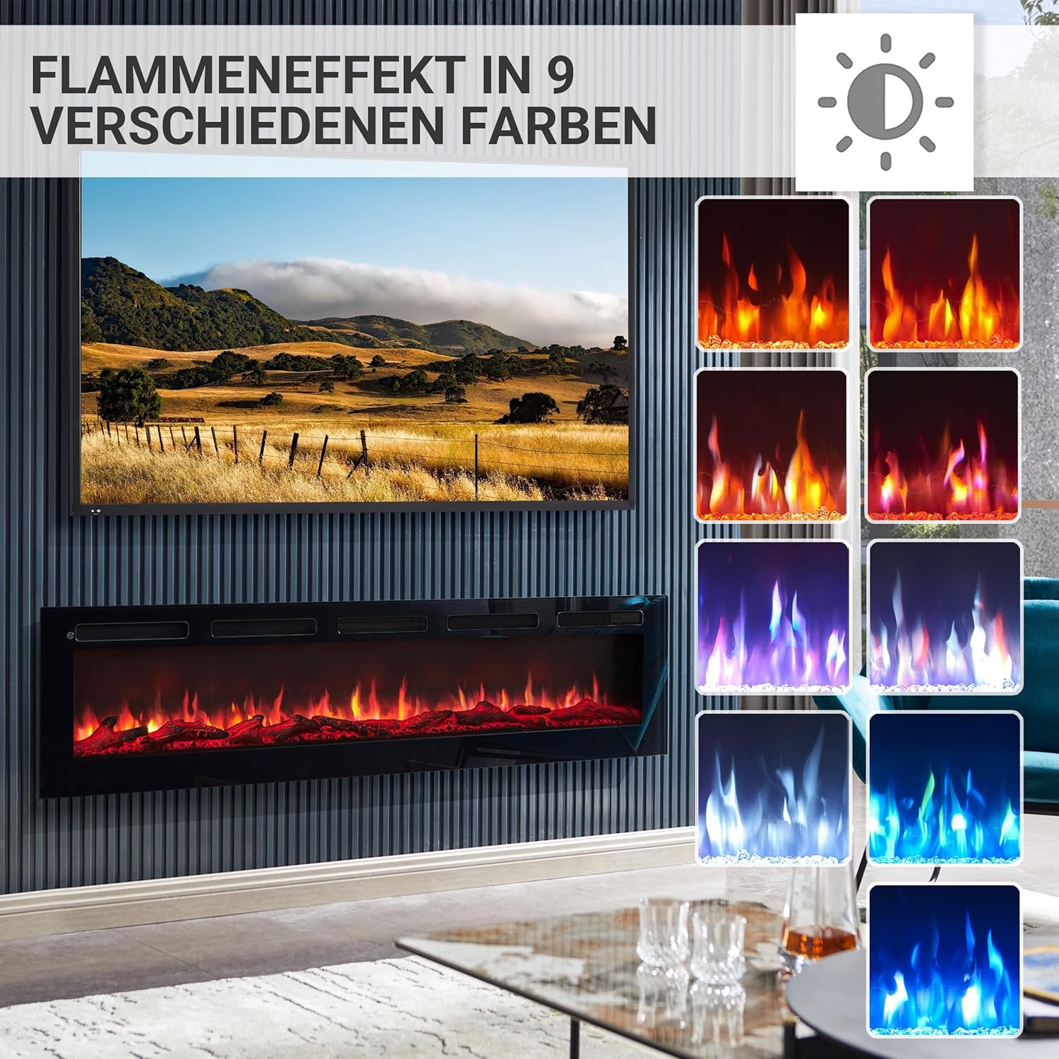 BALDERIA Elektrokamin Leif 70'' | Elektrischer Wand- oder Einbaukamin 3D-Flammeneffekt | Elektro Heizung 1800W | Kamin mit Fernbedienung, Startsteuerung, Timer & Thermostat | Schwarz