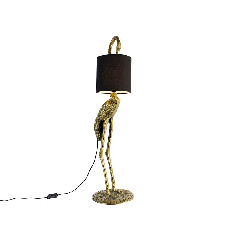 Vintage vloerlamp messing stoffen kap zwart - Animal Kraanvogel