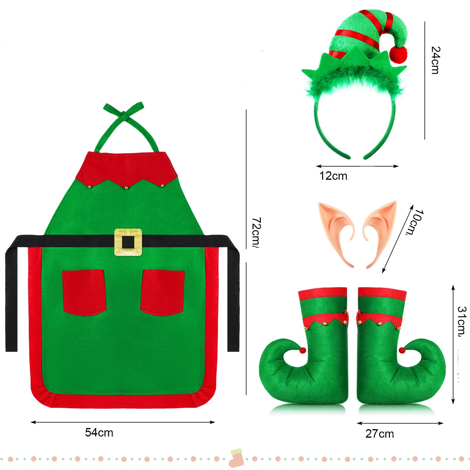 (8-tlg. Set) Christmas Erwachsen Kostüm Weihnachts Elfen Verkleidung inkl. Schürze / Strümpfe / Hausschuhe / Haarreif / Ohren (OneSize)