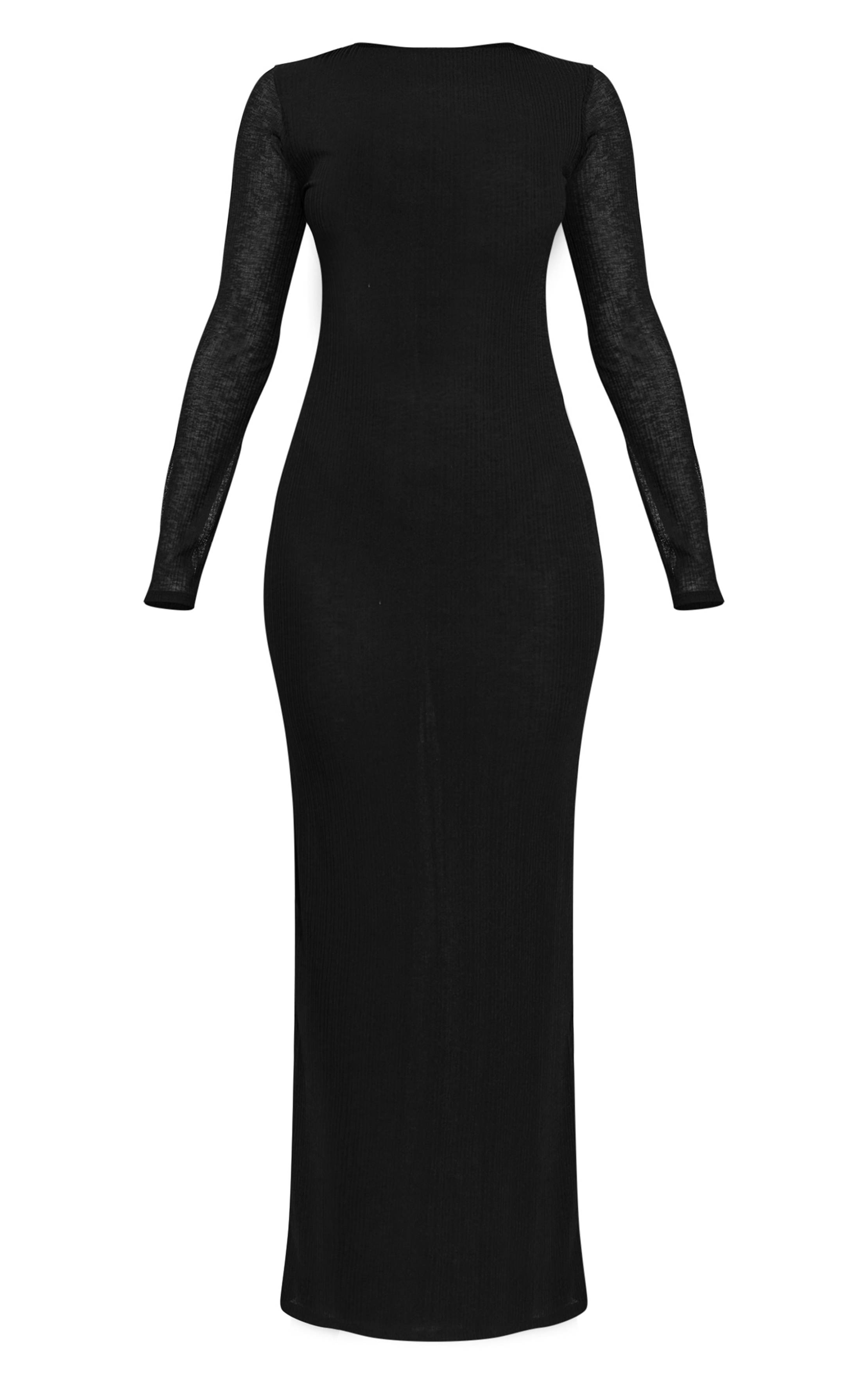 Noir Robe Longue Côtelée Petite Taille À Manches Longues Et Dos Ouvert